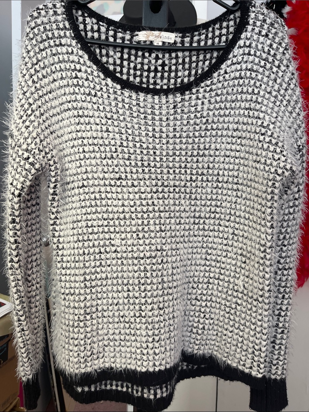 Rewind black/white fuzzy high-low sweater - size M